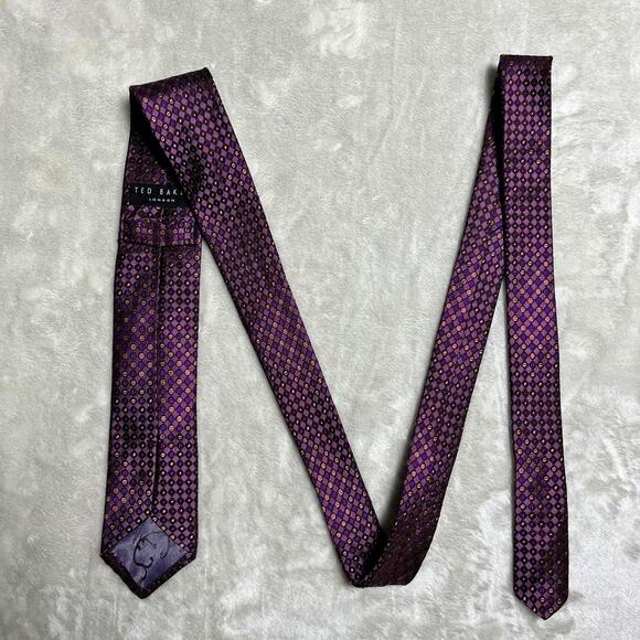 Ted Baker Silk Tie 58" x 2.5" Easter Spring Slim Purple Pink Metallic Geometric - Picture 4 of 7